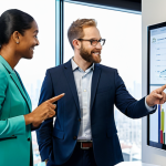A diverse group of three professional individuals, including men and women, dressed in modest business attire, collaborating in a modern, brightly lit office. They are gathered around a large digital display, pointing towards graphs and data visualizations representing positive environmental and social impact metrics, such as renewable energy adoption rates and community development indicators. The office features sleek, contemporary design, large windows overlooking a vibrant city skyline, conveying a sense of progress and global reach. There are subtle elements of greenery within the office. Professional photography, high resolution, realistic, perfect anatomy, correct proportions, natural pose, well-formed hands, proper finger count, natural body proportions, fully clothed, modest clothing, appropriate attire, professional dress, safe for work, appropriate content, professional.