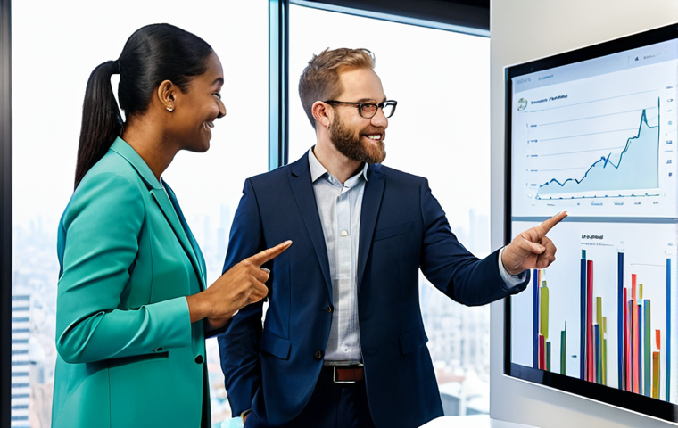 A diverse group of three professional individuals, including men and women, dressed in modest business attire, collaborating in a modern, brightly lit office. They are gathered around a large digital display, pointing towards graphs and data visualizations representing positive environmental and social impact metrics, such as renewable energy adoption rates and community development indicators. The office features sleek, contemporary design, large windows overlooking a vibrant city skyline, conveying a sense of progress and global reach. There are subtle elements of greenery within the office. Professional photography, high resolution, realistic, perfect anatomy, correct proportions, natural pose, well-formed hands, proper finger count, natural body proportions, fully clothed, modest clothing, appropriate attire, professional dress, safe for work, appropriate content, professional.