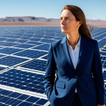 A professional female investor, elegantly dressed in a modest business suit, stands confidently amidst a vast solar power field in a desert landscape. Her expression is thoughtful and determined as she observes the advanced solar panels stretching into the horizon, symbolizing ethical and sustainable investment. The scene conveys a sense of purpose and long-term vision, with a clear blue sky above.