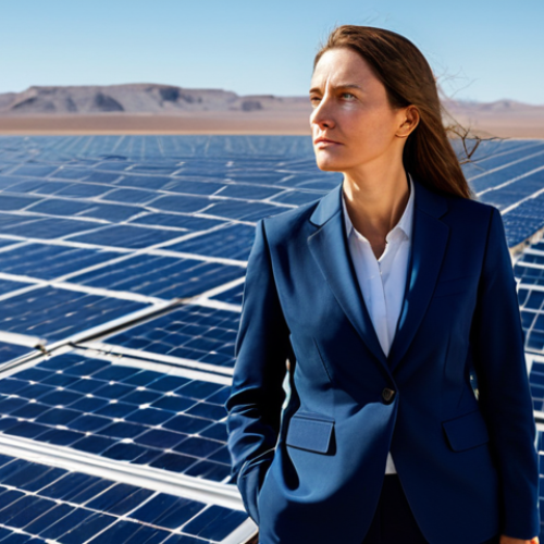 Home 14 A professional female investor, elegantly dressed in a modest business suit, stands confidently amidst a vast solar power field in a desert landscape. Her expression is thoughtful and determined as she observes the advanced solar panels stretching into the horizon, symbolizing ethical and sustainable investment. The scene conveys a sense of purpose and long-term vision, with a clear blue sky above.