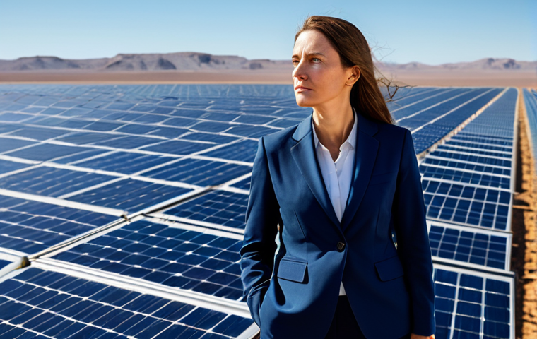A professional female investor, elegantly dressed in a modest business suit, stands confidently amidst a vast solar power field in a desert landscape. Her expression is thoughtful and determined as she observes the advanced solar panels stretching into the horizon, symbolizing ethical and sustainable investment. The scene conveys a sense of purpose and long-term vision, with a clear blue sky above.