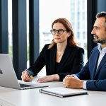 A diverse group of three professionals: a male investor in his late 40s, a female entrepreneur in her 30s, and a male technologist in his 30s. They are seated around a sleek, contemporary conference table in a sunlit, elegant modern office with large windows. On the table, a tablet displays abstract data visualizations related to ESG metrics or AI algorithms, and a few notebooks are neatly placed. They are engaged in a serious, focused discussion, with thoughtful expressions and natural gestures, symbolizing collaborative future-building. All subjects are in modest, modern business attire, fully clothed, appropriate attire, and professional dress. The image should convey professional photography, high resolution, soft diffused light, natural pose, perfect anatomy, correct proportions, well-formed hands, proper finger count, natural body proportions, safe for work, appropriate content, and family-friendly.