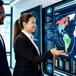 A diverse team of professional individuals, fully clothed in modern business attire, collaborating around a holographic display in a sleek, futuristic innovation hub. The display shows intricate data visualizations of global sustainable development goals (SDGs), clean energy initiatives, and impact investment metrics, highlighting artificial intelligence applications for data analysis. The environment is well-lit, representing progress and innovation. Perfect anatomy, correct proportions, natural pose, well-formed hands, proper finger count, natural body proportions, safe for work, appropriate content, fully clothed, professional, family-friendly.