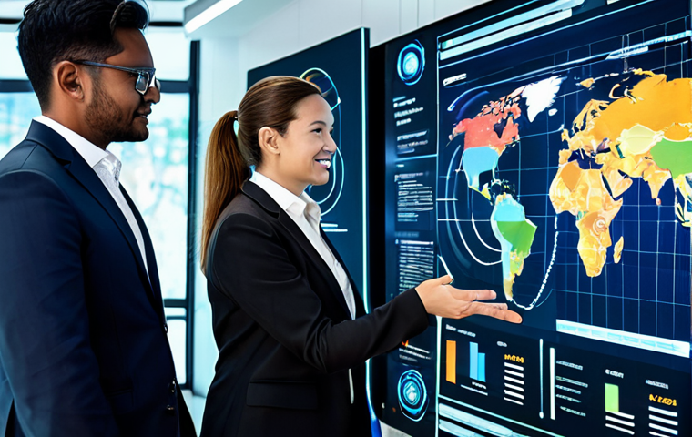 A diverse team of professional individuals, fully clothed in modern business attire, collaborating around a holographic display in a sleek, futuristic innovation hub. The display shows intricate data visualizations of global sustainable development goals (SDGs), clean energy initiatives, and impact investment metrics, highlighting artificial intelligence applications for data analysis. The environment is well-lit, representing progress and innovation. Perfect anatomy, correct proportions, natural pose, well-formed hands, proper finger count, natural body proportions, safe for work, appropriate content, fully clothed, professional, family-friendly.