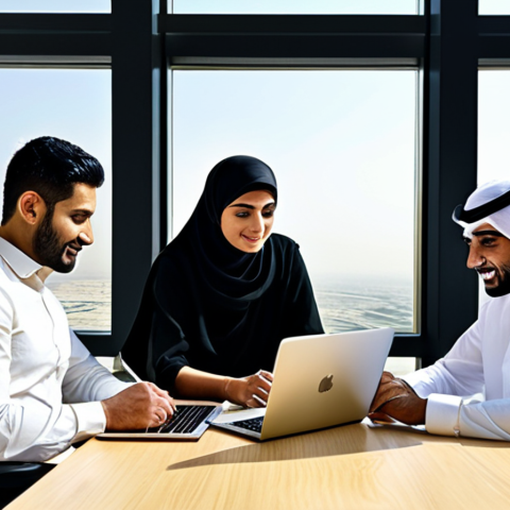 **
"A group of fully clothed Arab business professionals (men and women) collaborating around a table in a modern, sunlit office in Dubai. They are reviewing data on tablets and laptops. The scene emphasizes teamwork, innovation, and sustainable business practices. Background: The Burj Khalifa is subtly visible through the window. Safe for work, appropriate content, professional, modest attire, perfect anatomy, natural proportions, high-resolution, well-formed hands, proper finger count, natural body proportions, family-friendly."
**