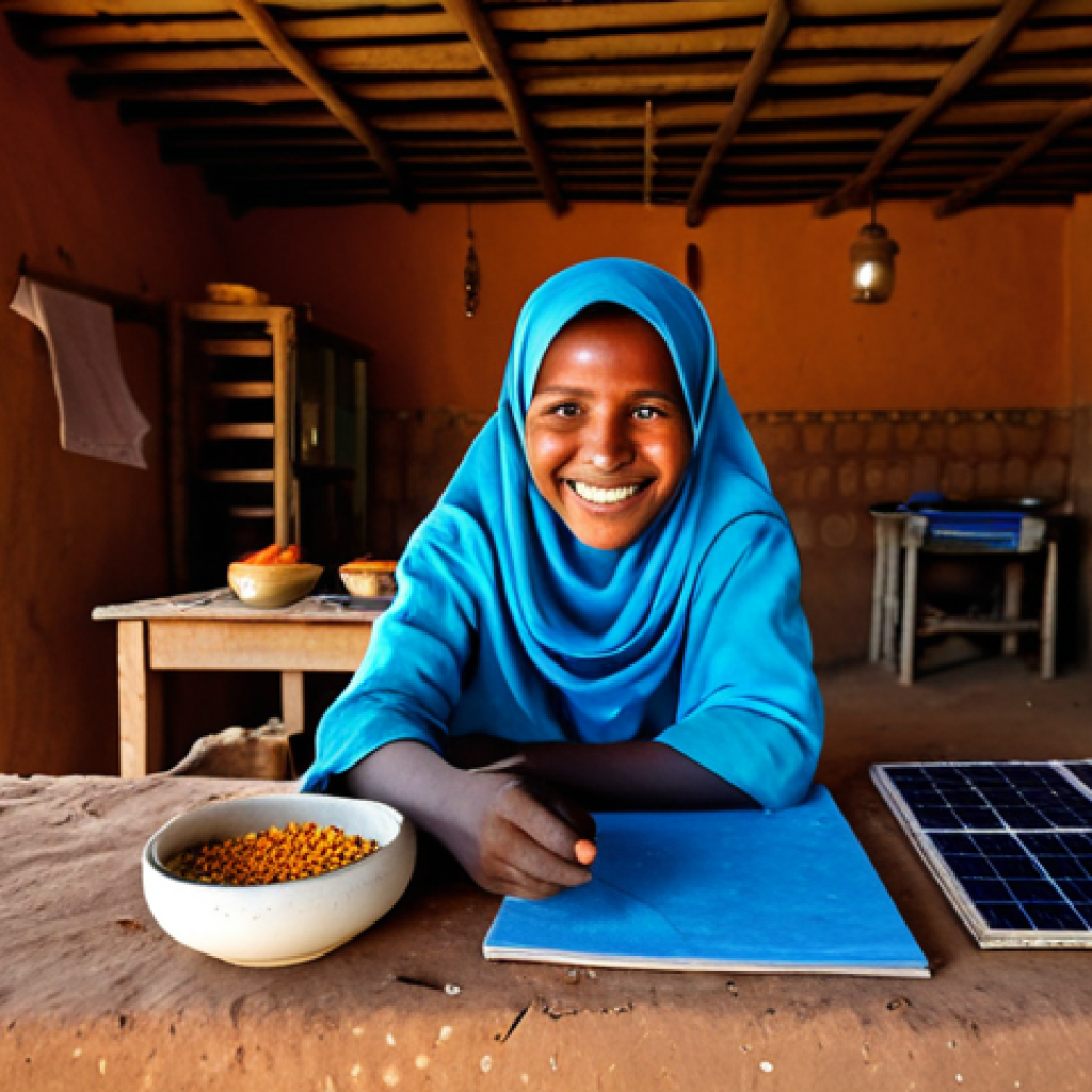 **

"A vibrant scene in a small Saharan village. Solar panels gleam on modest homes, illuminating the faces of children studying under the soft glow. A woman, fully clothed in traditional attire, smiles as she prepares food in her brightly lit kitchen. In the background, other villagers engage in community activities. Safe for work, appropriate content, family-friendly, perfect anatomy, natural proportions, professional photography, high quality, showcasing the positive impact of renewable energy in a remote setting."

**