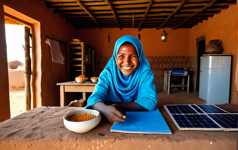 **
"A vibrant scene in a small Saharan village. Solar panels gleam on modest homes, illuminating the faces of children studying under the soft glow. A woman, fully clothed in traditional attire, smiles as she prepares food in her brightly lit kitchen. In the background, other villagers engage in community activities. Safe for work, appropriate content, family-friendly, perfect anatomy, natural proportions, professional photography, high quality, showcasing the positive impact of renewable energy in a remote setting."
**