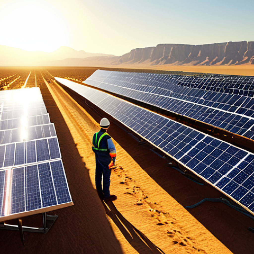 Sustainable Energy**
"A professional engineer, fully clothed in work attire, inspecting a solar panel array in a vast desert landscape. The scene is bathed in golden sunlight. Appropriate content, safe for work, perfect anatomy, correct proportions, high-resolution, family-friendly, professional photography."
**