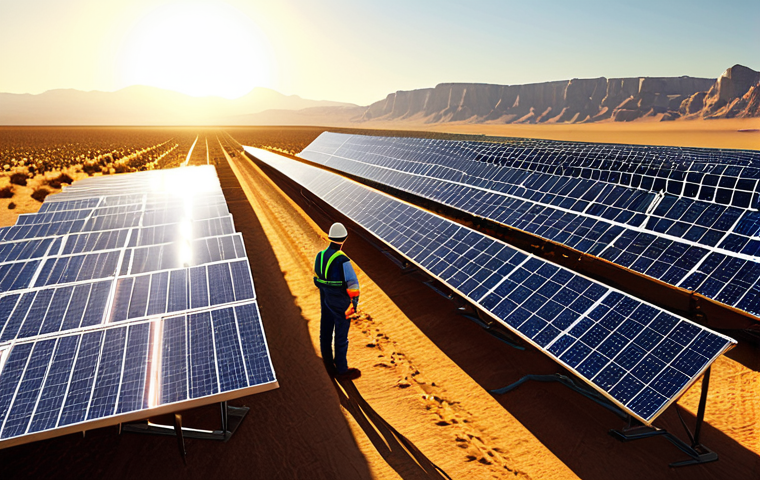 Sustainable Energy**
"A professional engineer, fully clothed in work attire, inspecting a solar panel array in a vast desert landscape. The scene is bathed in golden sunlight. Appropriate content, safe for work, perfect anatomy, correct proportions, high-resolution, family-friendly, professional photography."
**