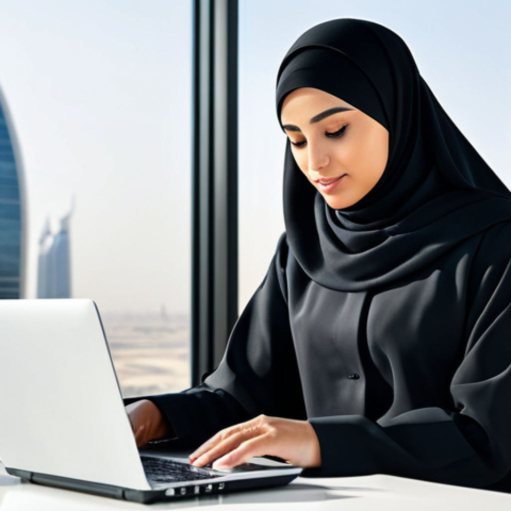 임팩트 투자와 소비자 행동 변화 - **
"A professional businesswoman in a modest, stylish abaya and hijab, working on a laptop in a mod...