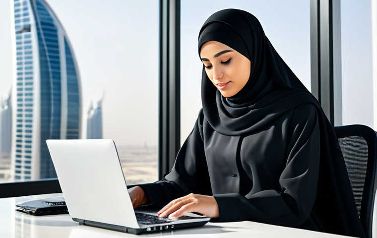 임팩트 투자와 소비자 행동 변화 - **
"A professional businesswoman in a modest, stylish abaya and hijab, working on a laptop in a mod...