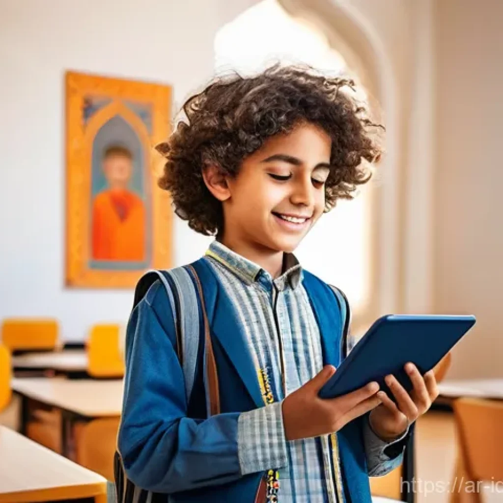 임팩트 투자 네트워크에 참여하기 - **Prompt:** A serene, sunlit scene depicting young Arab students, boys and girls, aged 8-14, happily...