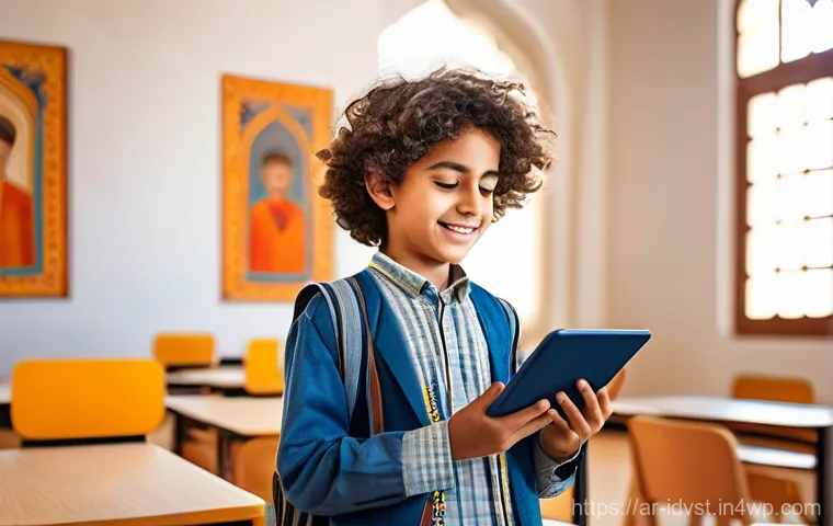 임팩트 투자 네트워크에 참여하기 - **Prompt:** A serene, sunlit scene depicting young Arab students, boys and girls, aged 8-14, happily...
