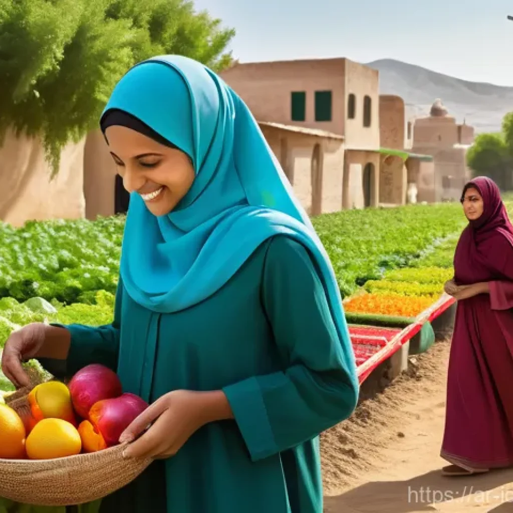 임팩트 투자와 사회적 가치 창출 - **Prompt:** A vibrant, sun-drenched scene depicting empowered Arab women in modest, traditional atti...