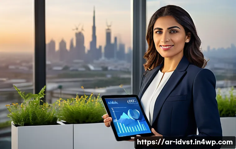 임팩트 투자와 전통 투자 비교 - A modern Middle Eastern businesswoman in professional attire, standing confidently in a sleek office...