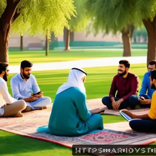 임팩트 투자 관련 인식 제고 방법 - A vibrant Middle Eastern community gathering in a sunlit urban park, featuring diverse men and women...