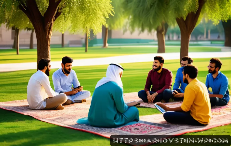 임팩트 투자 관련 인식 제고 방법 - A vibrant Middle Eastern community gathering in a sunlit urban park, featuring diverse men and women...