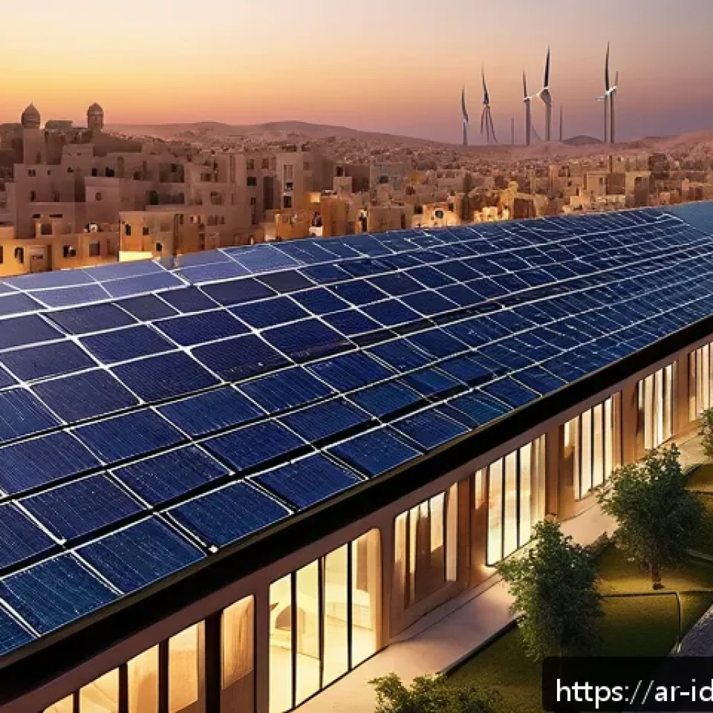 임팩트 투자와 기술적 혁신 - A vibrant and inspiring scene depicting a modern Arab cityscape at sunset, showcasing solar panels a...