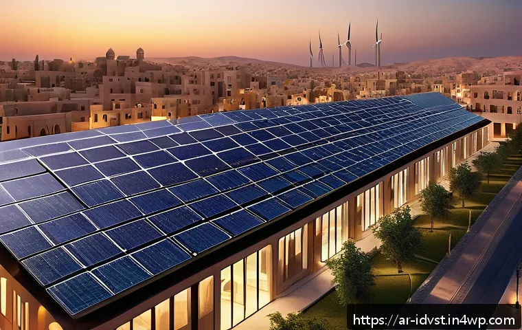 임팩트 투자와 기술적 혁신 - A vibrant and inspiring scene depicting a modern Arab cityscape at sunset, showcasing solar panels a...