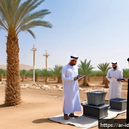 임팩트 투자로의 경과 추적 방법 - A high-tech data collection scene in a remote Arab village, featuring a diverse group of local men a...