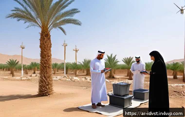 임팩트 투자로의 경과 추적 방법 - A high-tech data collection scene in a remote Arab village, featuring a diverse group of local men a...
