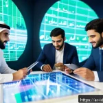 임팩트 투자의 미래 전망 - A vibrant and modern Middle Eastern urban setting featuring young Arab investors gathered around dig...