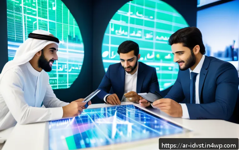 임팩트 투자의 미래 전망 - A vibrant and modern Middle Eastern urban setting featuring young Arab investors gathered around dig...